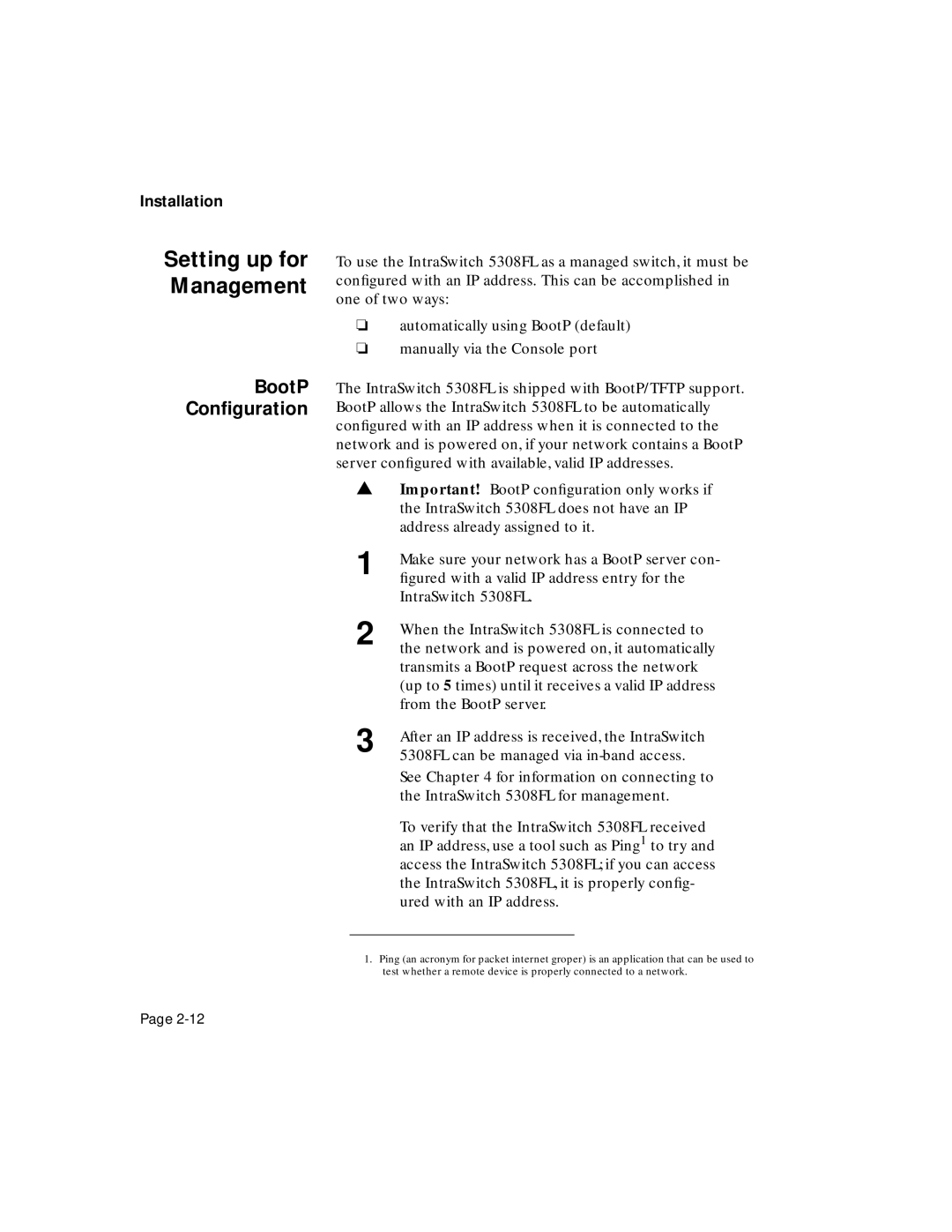 Asante Technologies 5308F user manual Setting up for Management, BootP Conﬁguration 