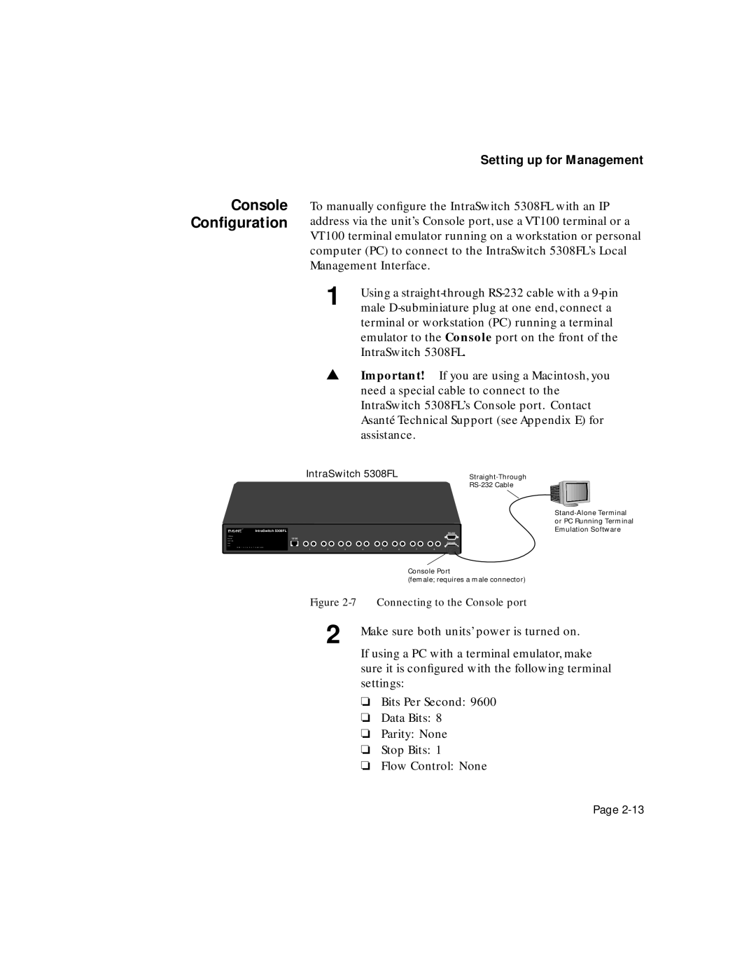 Asante Technologies user manual Console Conﬁguration, IntraSwitch 5308FL 