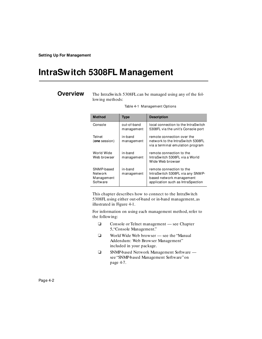 Asante Technologies user manual IntraSwitch 5308FL Management, Method Type Description 