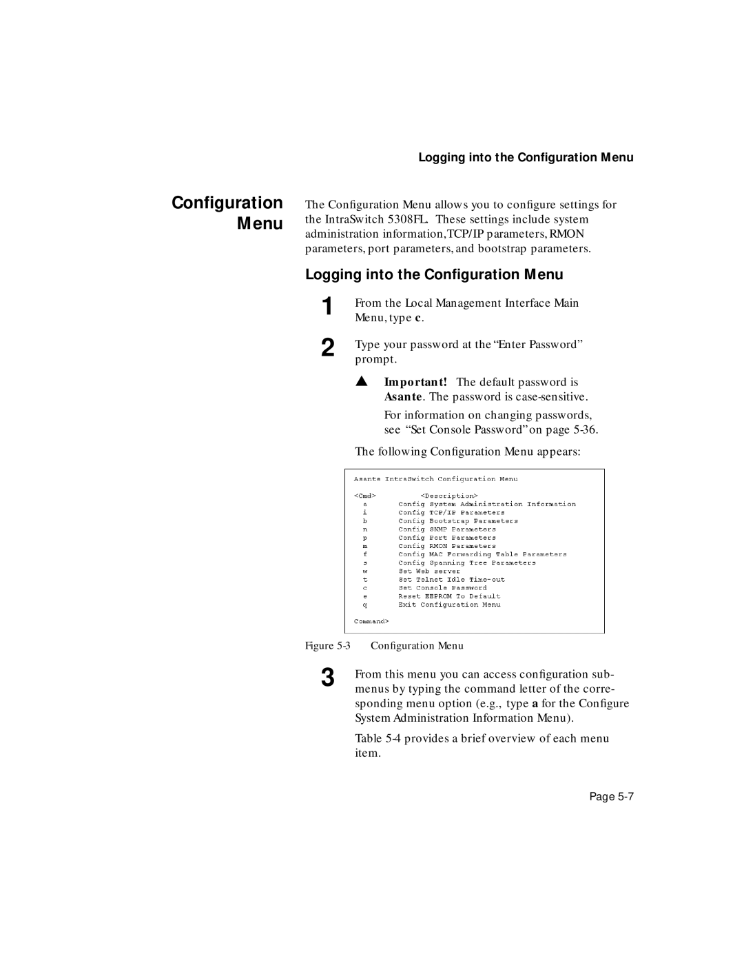 Asante Technologies 5308F user manual Logging into the Conﬁguration Menu 