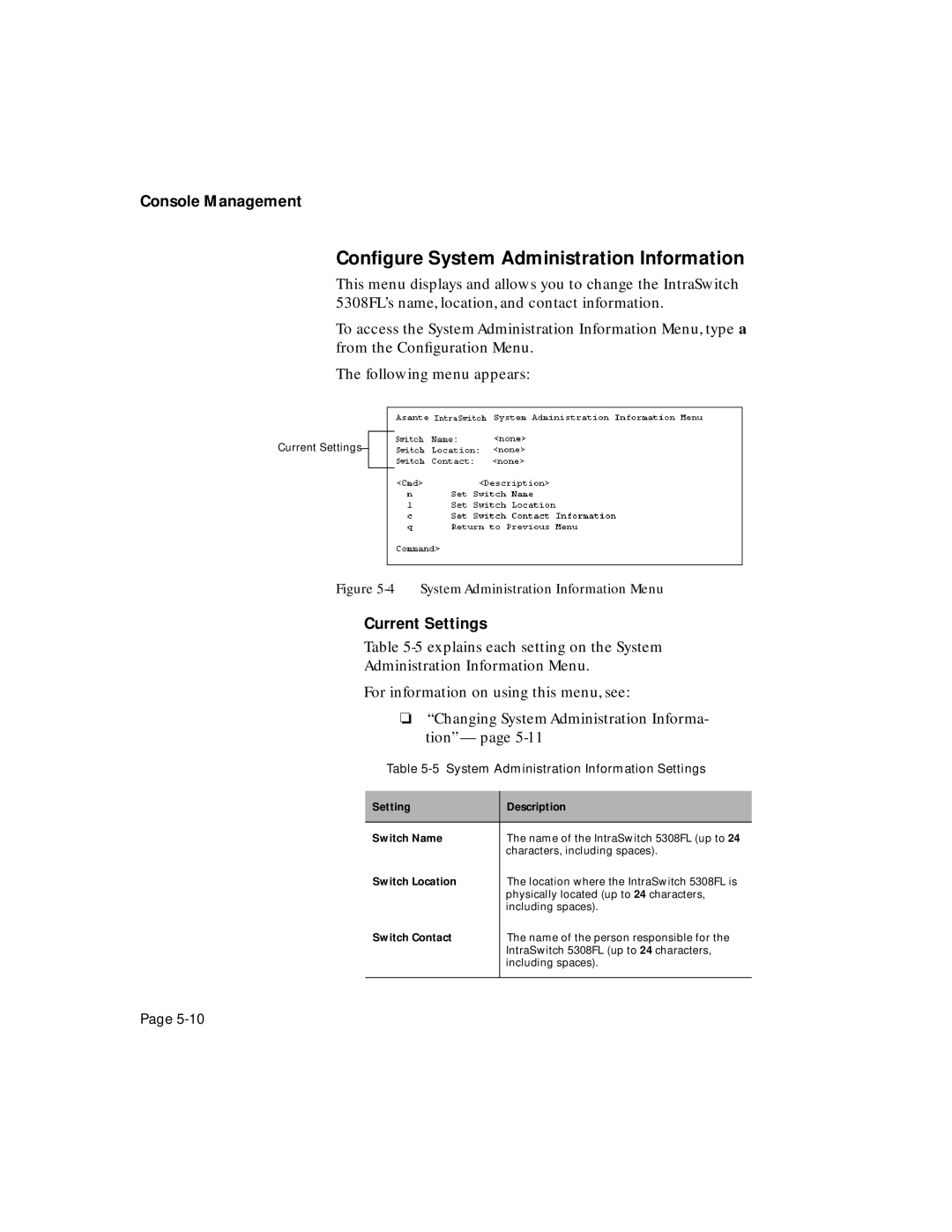 Asante Technologies 5308F user manual Conﬁgure System Administration Information, Current Settings 