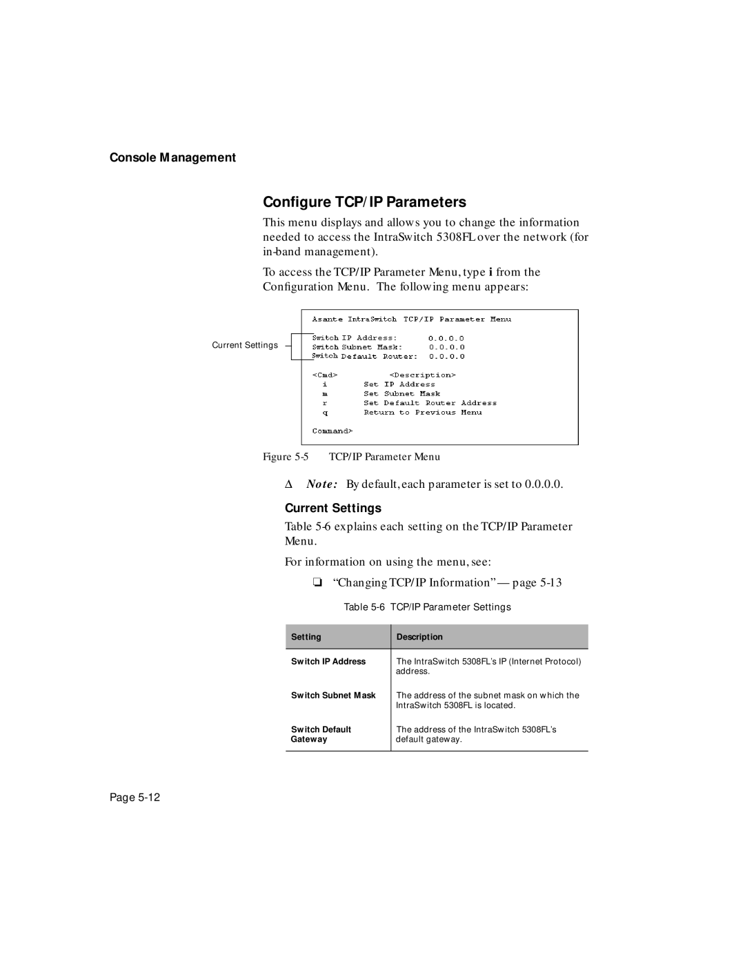 Asante Technologies 5308F user manual Conﬁgure TCP/IP Parameters, TCP/IP Parameter Settings 