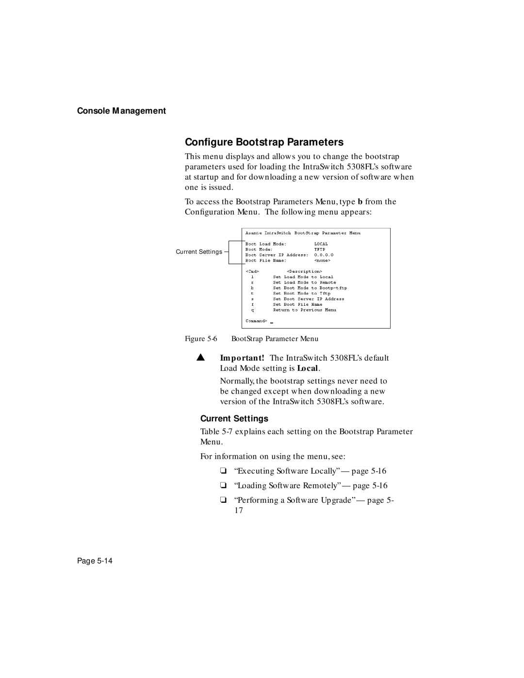 Asante Technologies 5308F user manual Conﬁgure Bootstrap Parameters, BootStrap Parameter Menu 