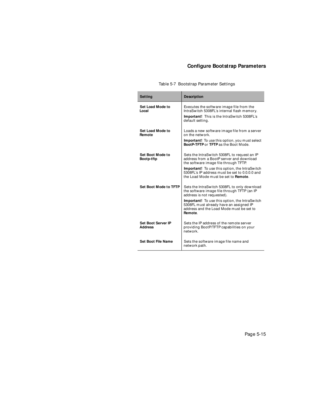 Asante Technologies 5308F user manual Conﬁgure Bootstrap Parameters, Bootstrap Parameter Settings 