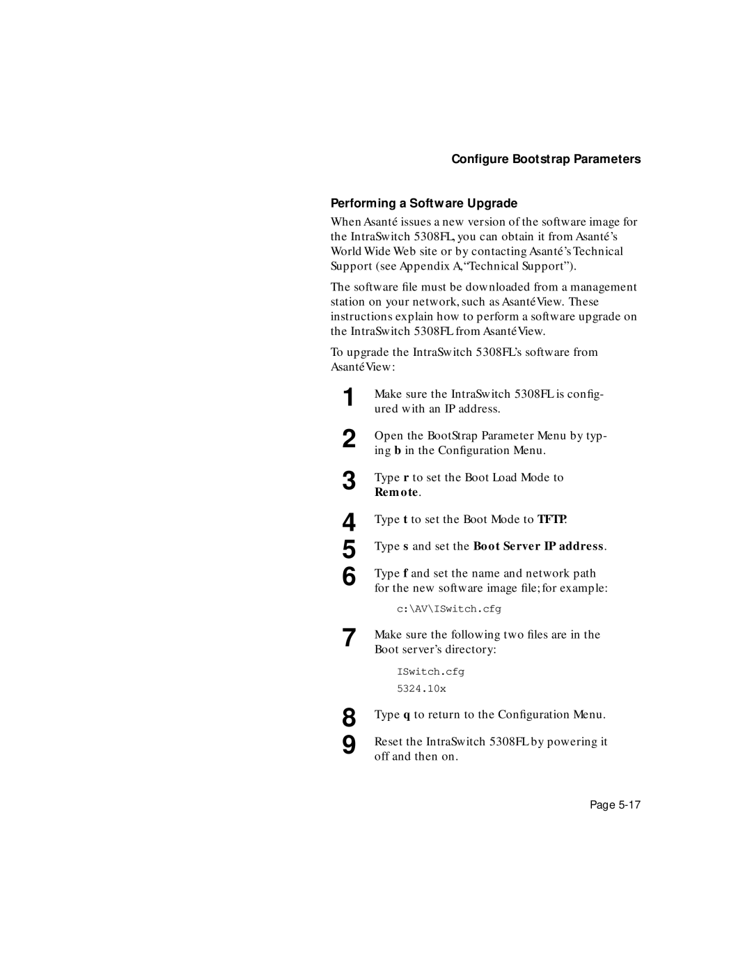 Asante Technologies 5308F user manual Conﬁgure Bootstrap Parameters Performing a Software Upgrade 