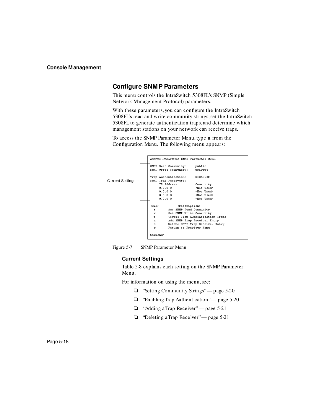Asante Technologies 5308F user manual Conﬁgure Snmp Parameters, Snmp Parameter Menu 