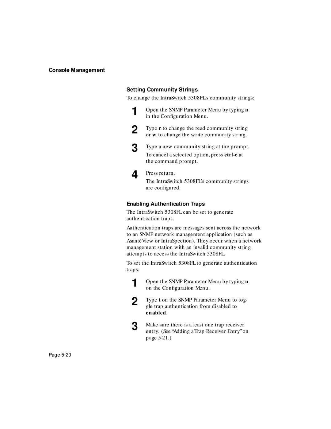 Asante Technologies 5308F user manual Console Management Setting Community Strings, Enabling Authentication Traps 