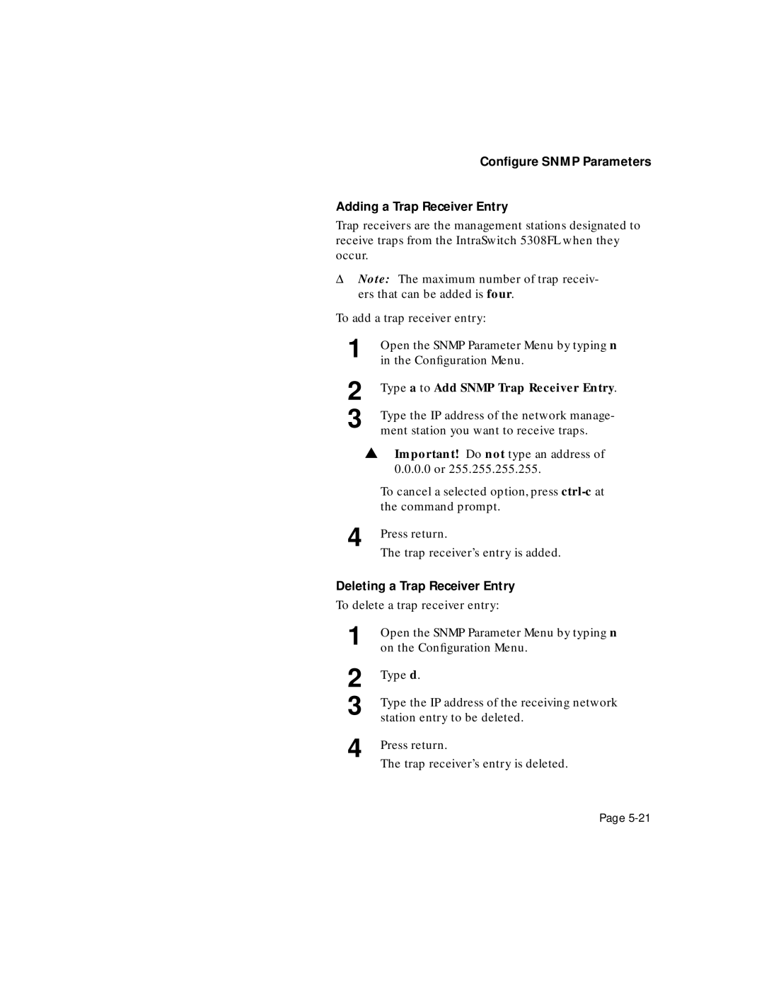 Asante Technologies 5308F user manual Conﬁgure Snmp Parameters Adding a Trap Receiver Entry, Deleting a Trap Receiver Entry 