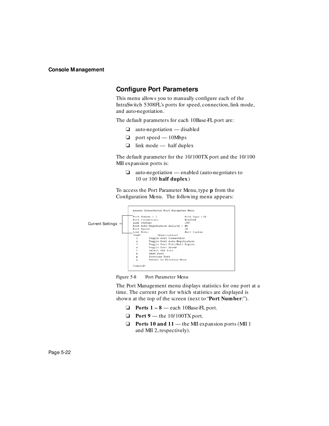 Asante Technologies 5308F user manual Conﬁgure Port Parameters, Port Parameter Menu 