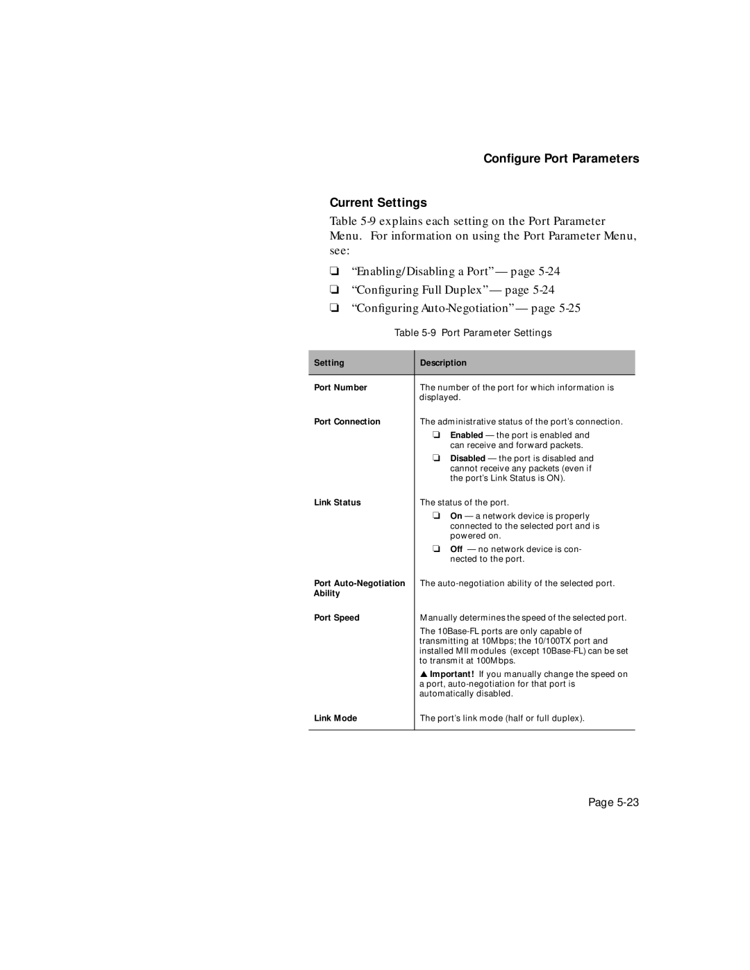 Asante Technologies 5308F user manual Conﬁgure Port Parameters Current Settings, Port Parameter Settings 