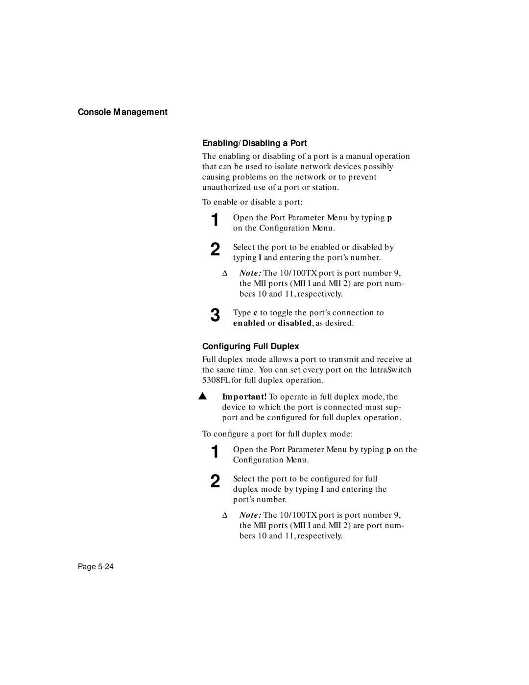 Asante Technologies 5308F user manual Console Management Enabling/Disabling a Port, Conﬁguring Full Duplex 