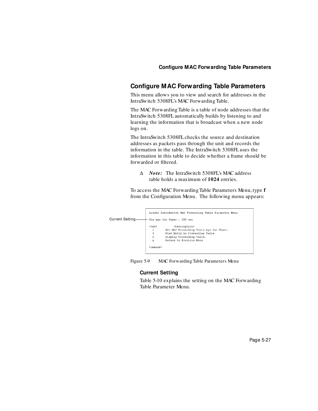 Asante Technologies 5308F user manual Conﬁgure MAC Forwarding Table Parameters, Current Setting 