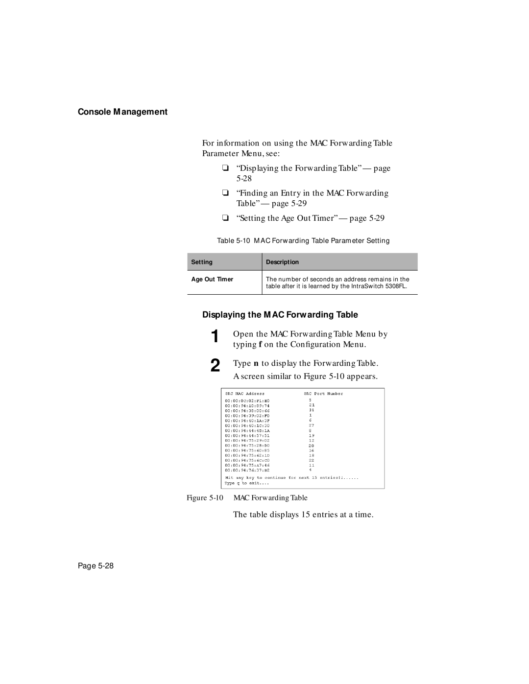 Asante Technologies 5308F user manual Displaying the MAC Forwarding Table, MAC Forwarding Table Parameter Setting 