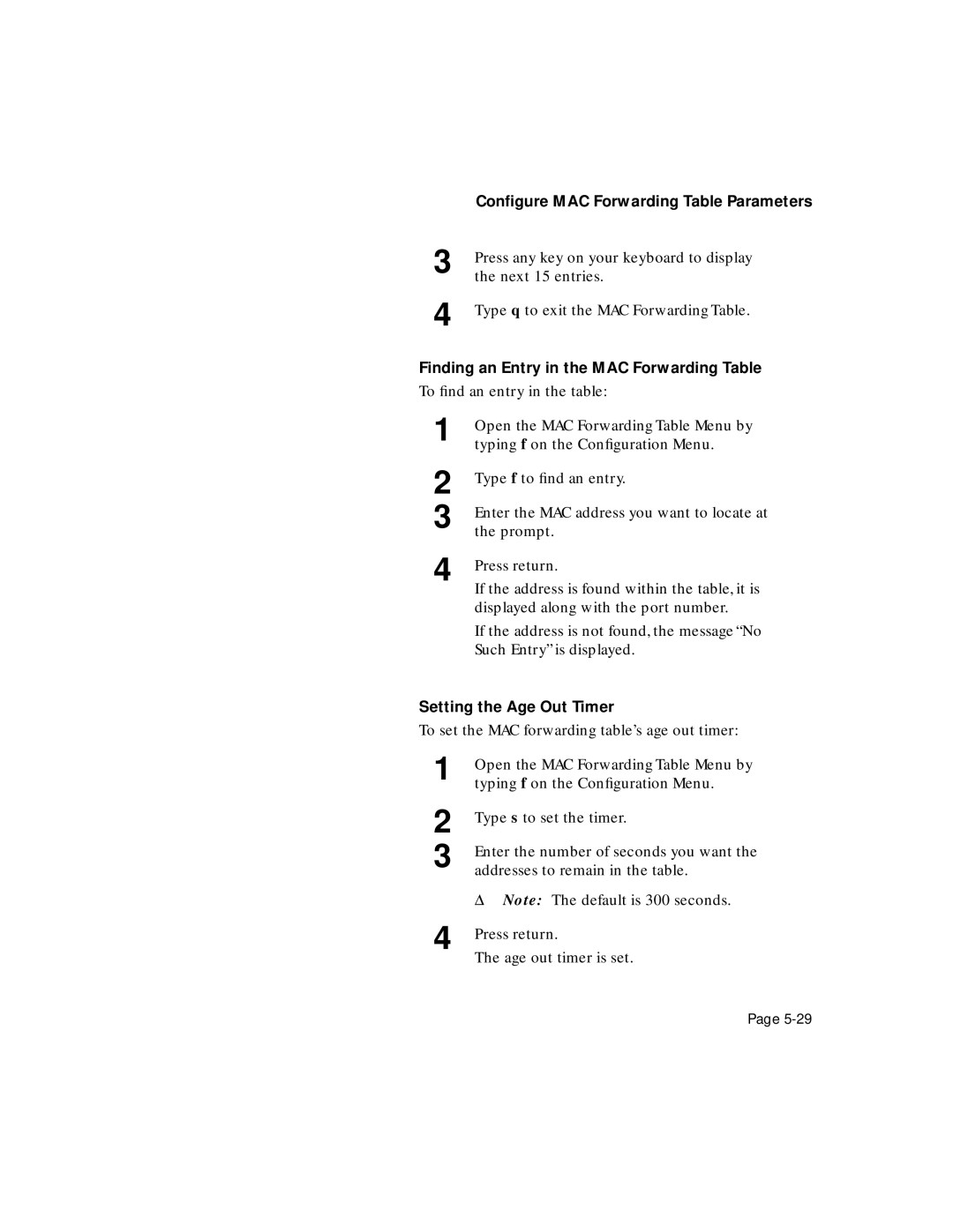 Asante Technologies 5308F user manual Finding an Entry in the MAC Forwarding Table, Setting the Age Out Timer 