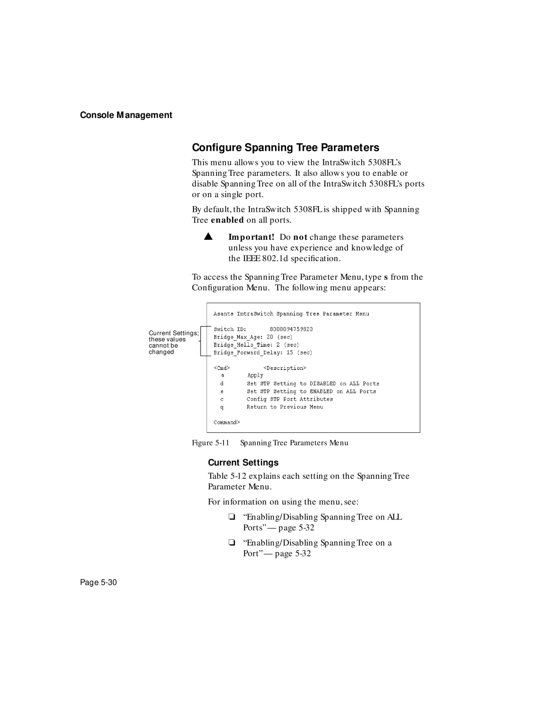 Asante Technologies 5308F user manual Conﬁgure Spanning Tree Parameters, Spanning Tree Parameters Menu 