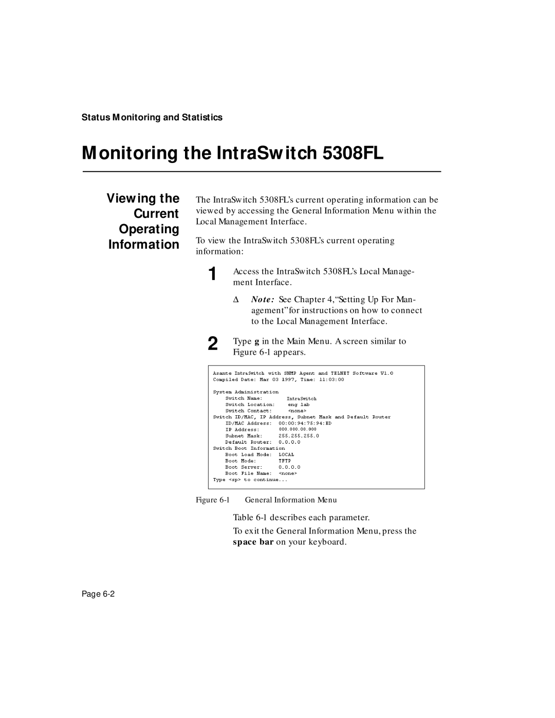 Asante Technologies user manual Monitoring the IntraSwitch 5308FL, Viewing Current Operating Information 