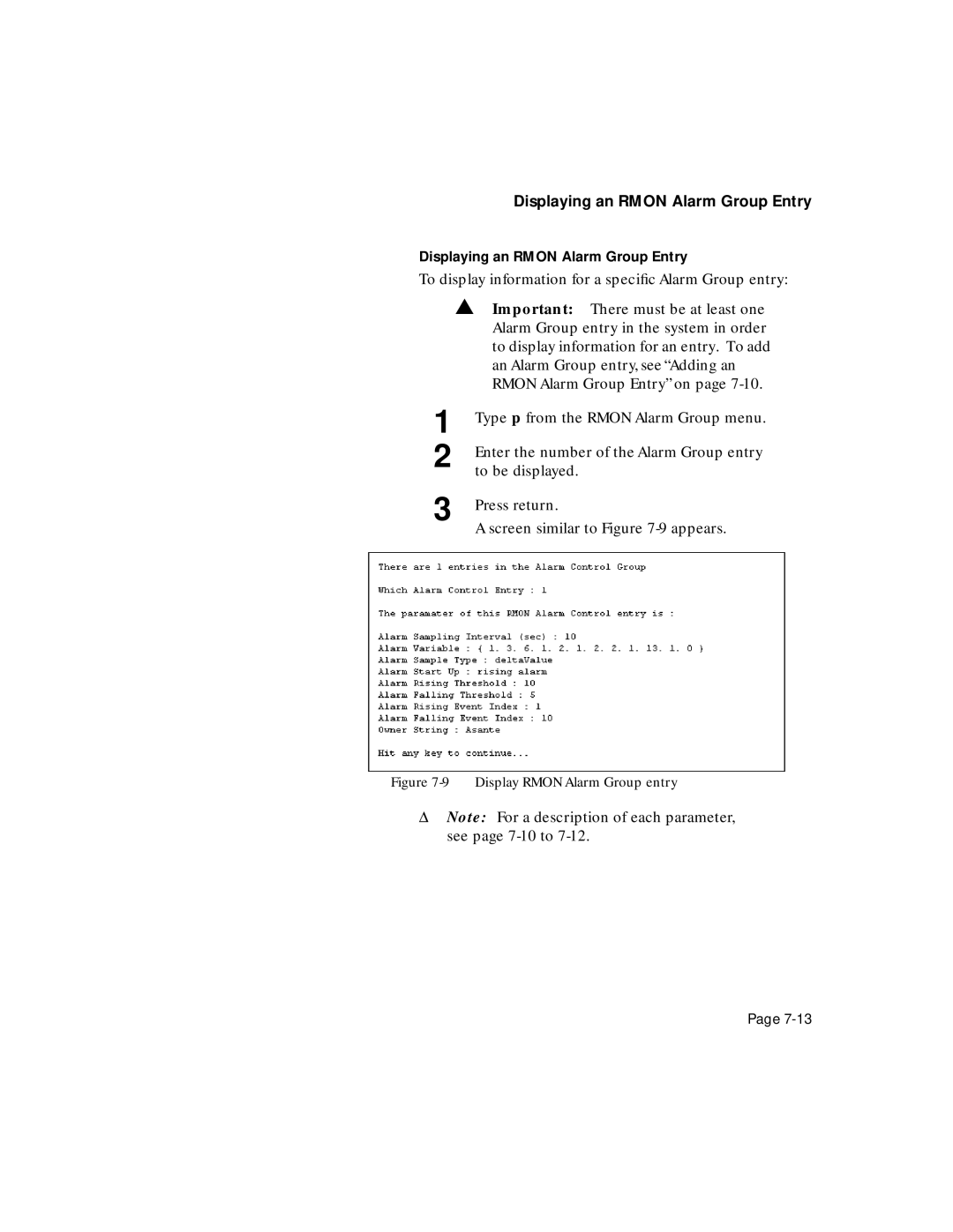 Asante Technologies 5324 user manual Displaying an Rmon Alarm Group Entry, Display Rmon Alarm Group entry 