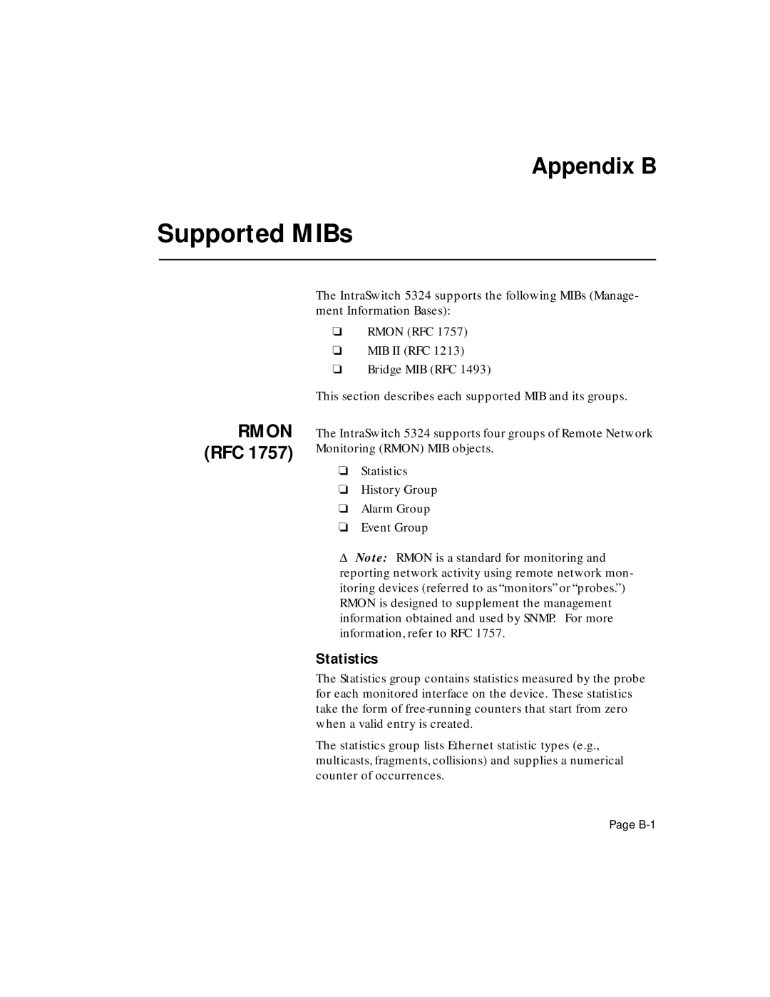 Asante Technologies 5324 user manual Supported MIBs, Rmon RFC, Statistics 