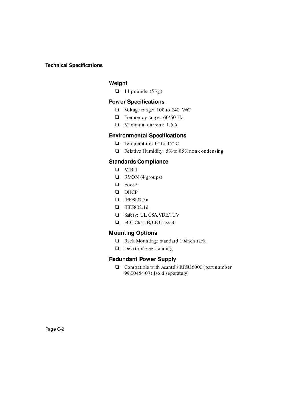 Asante Technologies 5324 Weight, Power Speciﬁcations, Environmental Speciﬁcations, Standards Compliance, Mounting Options 