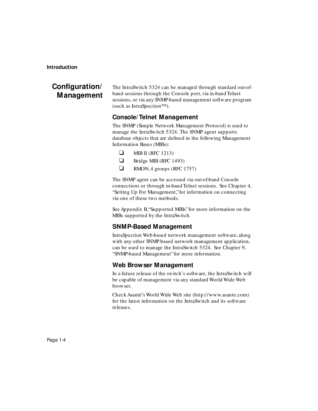 Asante Technologies 5324 user manual Conﬁguration/ Management, Console/Telnet Management, SNMP-Based Management 