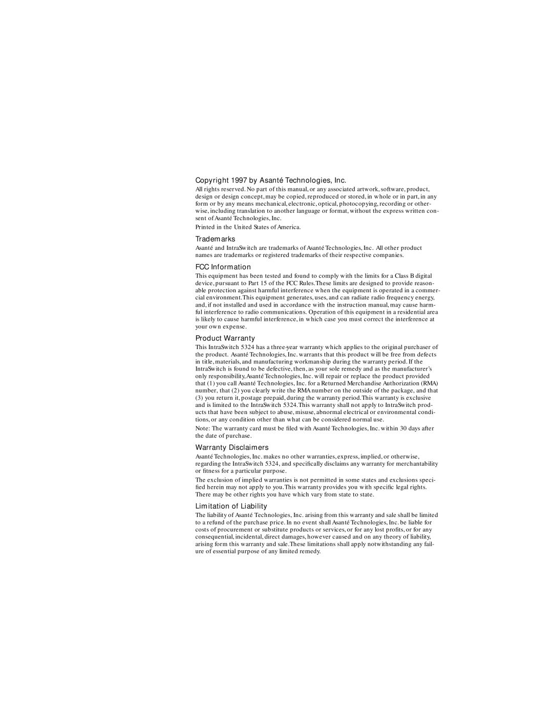 Asante Technologies 5324 Copyright 1997 by Asanté Technologies, Inc, Trademarks, FCC Information Product Warranty 