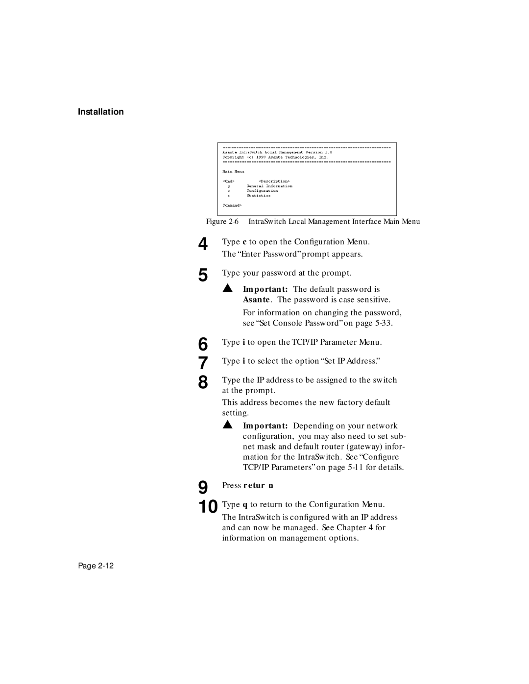 Asante Technologies 5324 user manual IntraSwitch Local Management Interface Main Menu 