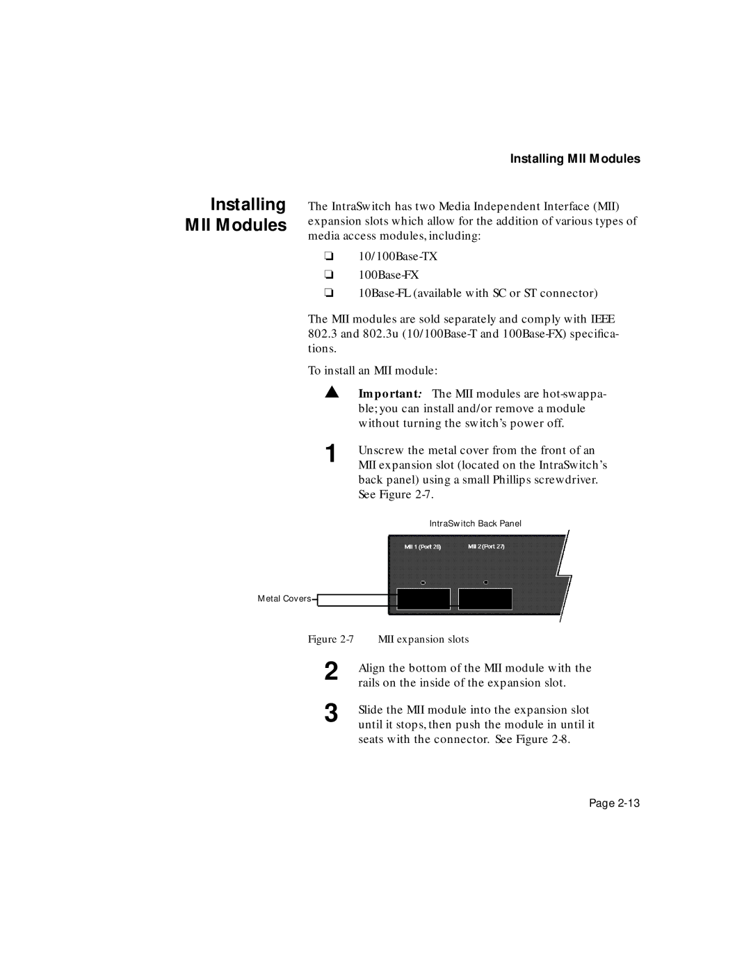 Asante Technologies 5324 user manual Installing MII Modules 