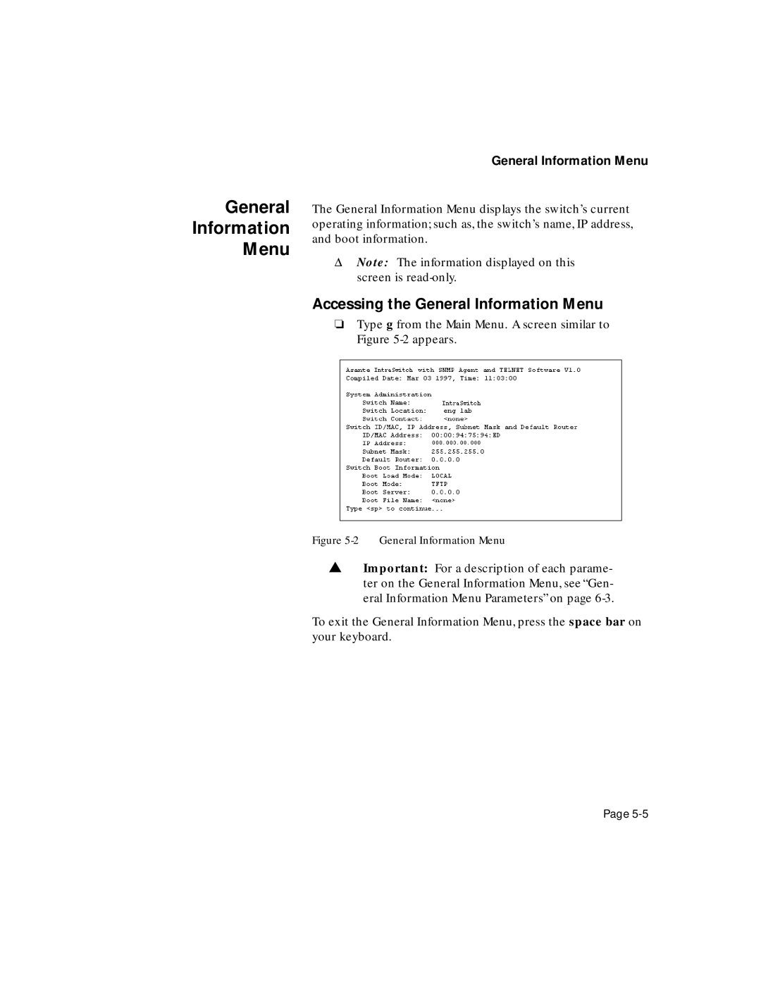 Asante Technologies 5324 user manual Accessing the General Information Menu 