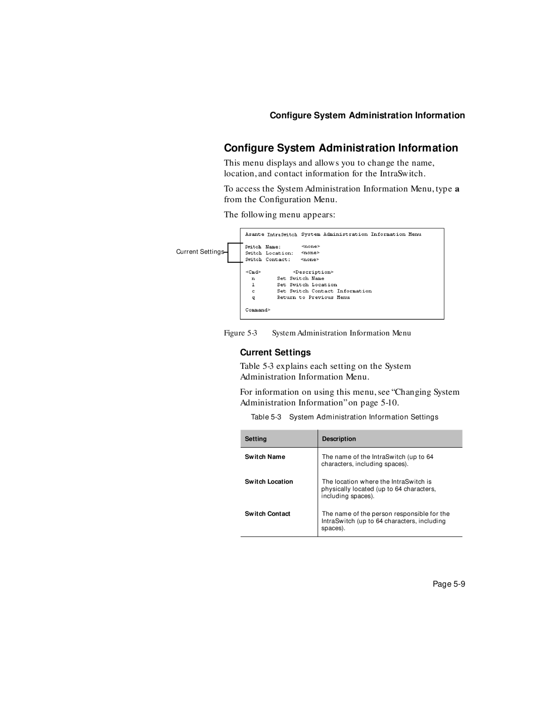 Asante Technologies 5324 user manual Conﬁgure System Administration Information, Current Settings 