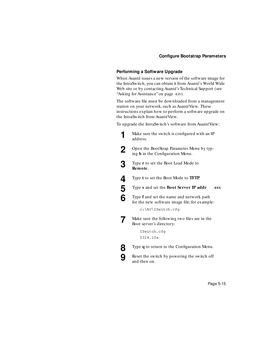 Asante Technologies 5324 user manual Conﬁgure Bootstrap Parameters Performing a Software Upgrade 