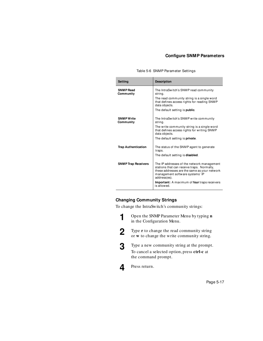 Asante Technologies 5324 user manual Conﬁgure Snmp Parameters, Changing Community Strings, Snmp Parameter Settings 