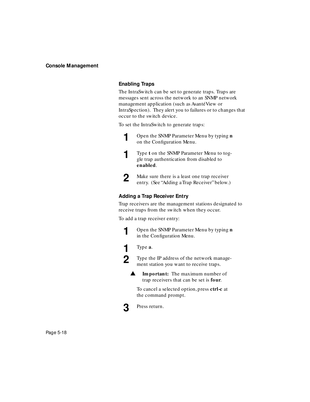 Asante Technologies 5324 user manual Console Management Enabling Traps, Adding a Trap Receiver Entry 