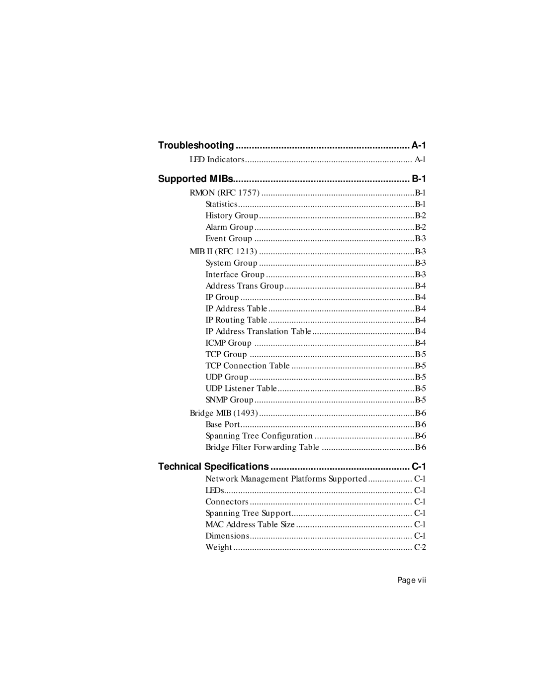 Asante Technologies 5324 user manual Troubleshooting, Supported MIBs, Technical Specifications 