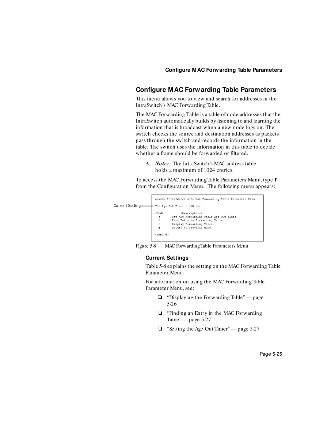 Asante Technologies 5324 user manual Conﬁgure MAC Forwarding Table Parameters 