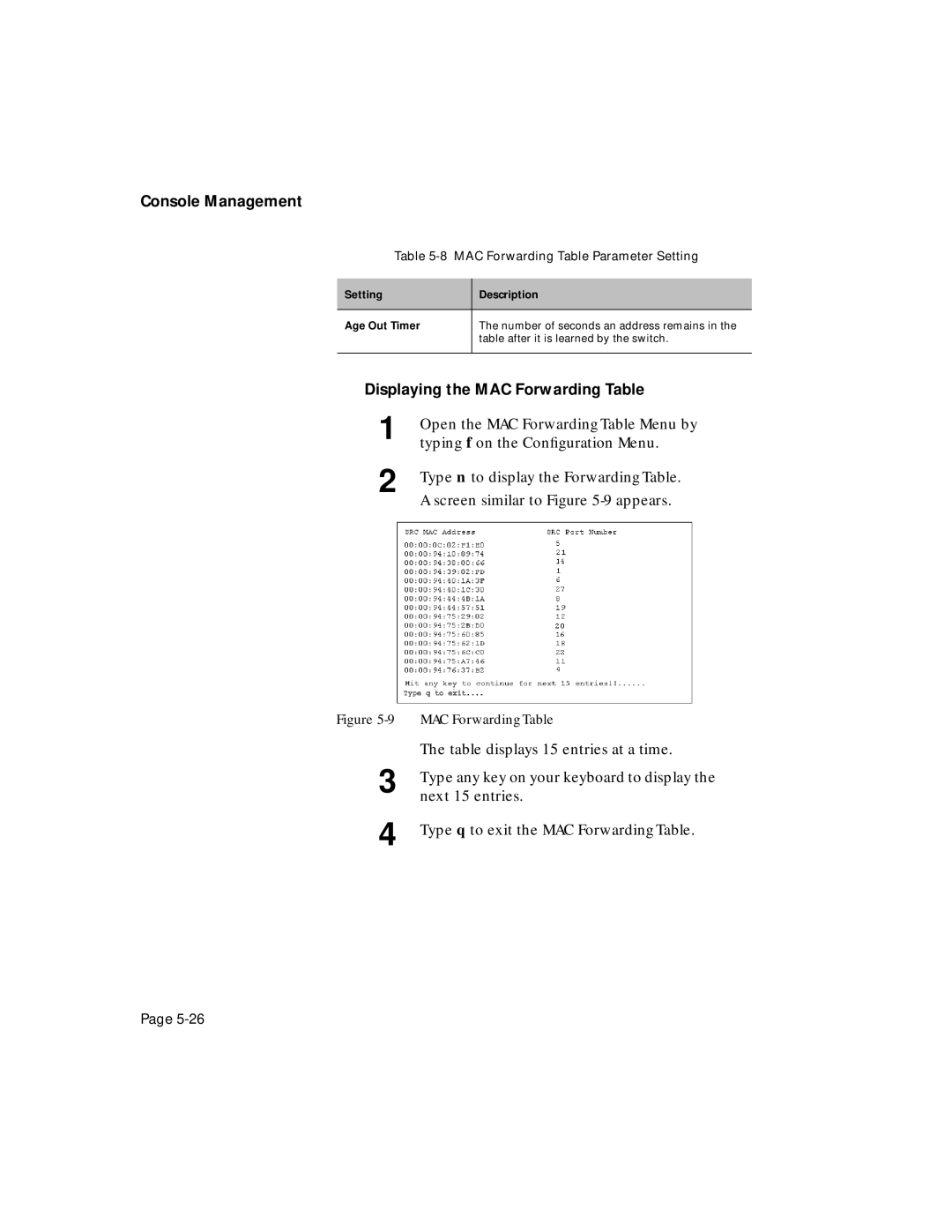 Asante Technologies 5324 user manual Displaying the MAC Forwarding Table, MAC Forwarding Table Parameter Setting 