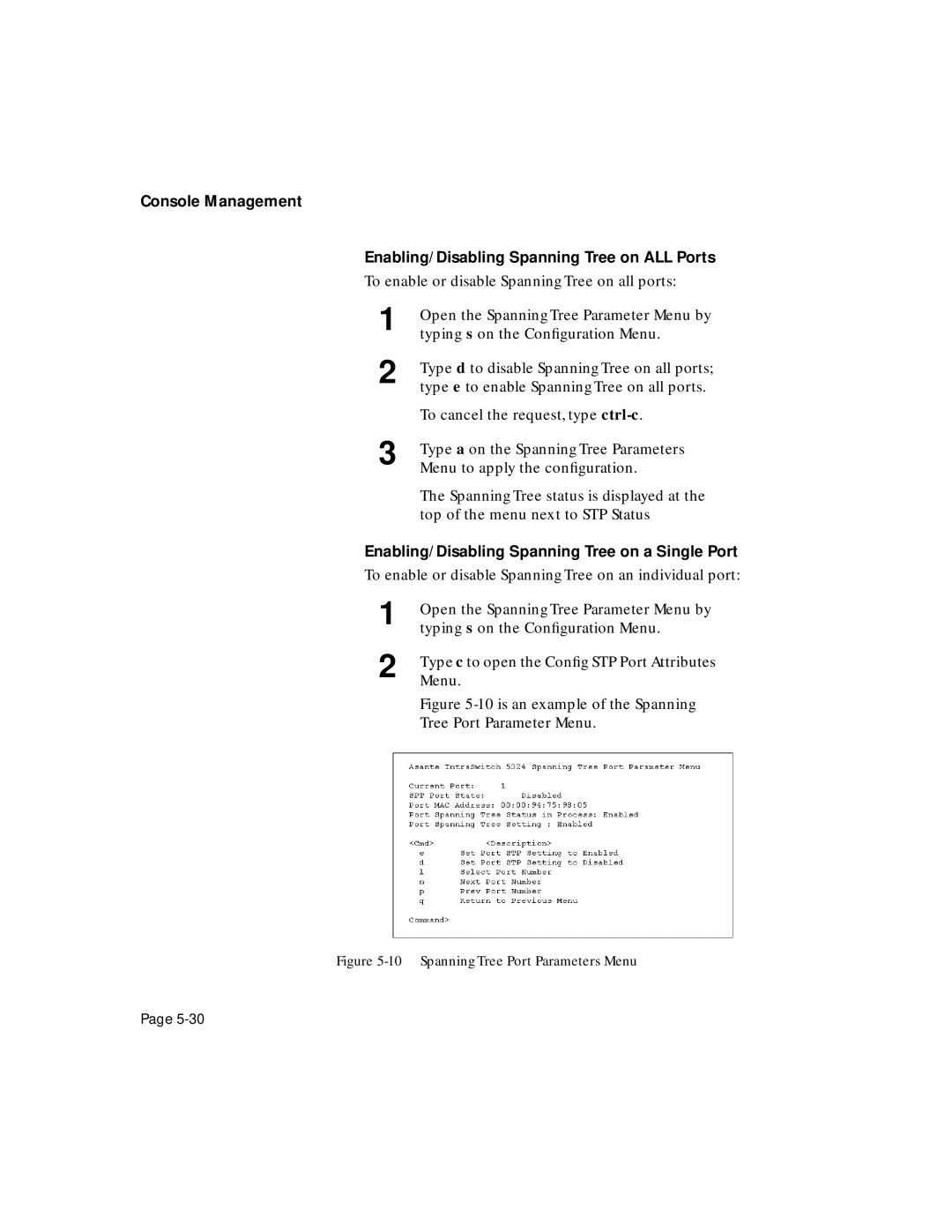 Asante Technologies 5324 user manual Enabling/Disabling Spanning Tree on a Single Port 