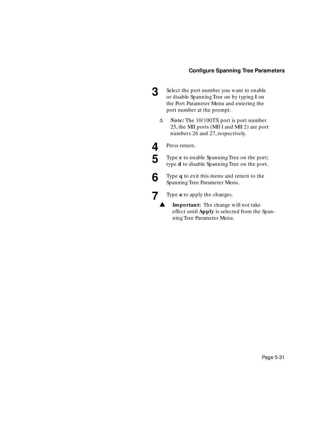 Asante Technologies 5324 user manual Conﬁgure Spanning Tree Parameters 