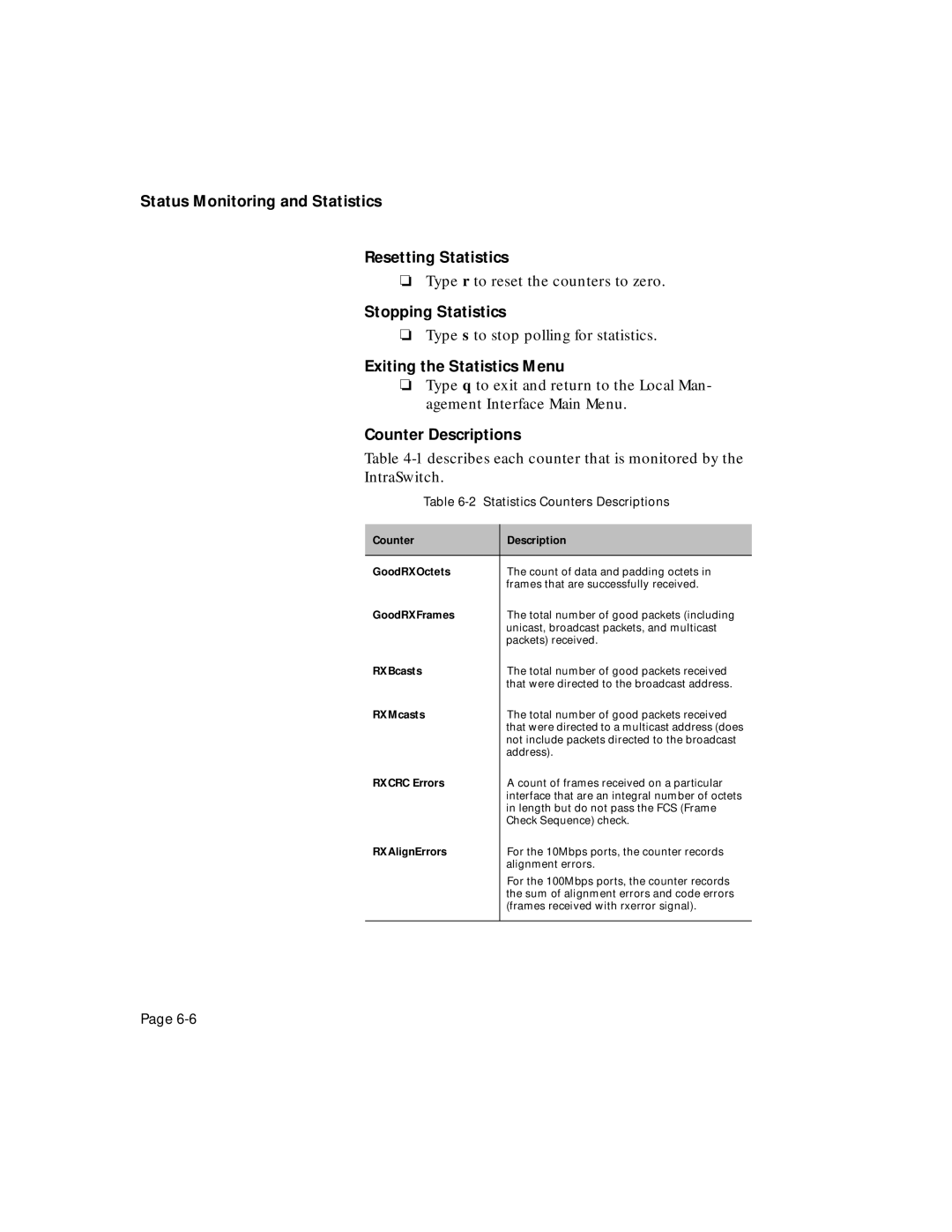 Asante Technologies 5324 Status Monitoring and Statistics Resetting Statistics, Stopping Statistics, Counter Descriptions 