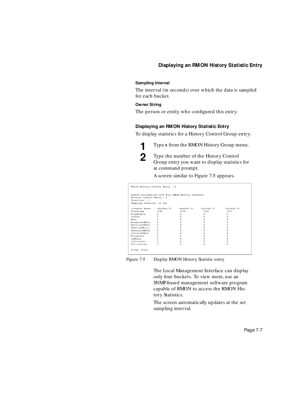 Asante Technologies 5324 user manual Displaying an Rmon History Statistic Entry, Display Rmon History Statistic entry 