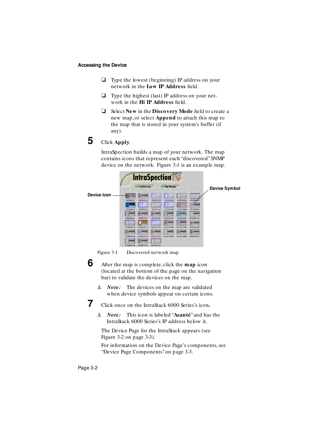 Asante Technologies 6000 Series user manual Discovered network map, Device Symbol Device Icon 