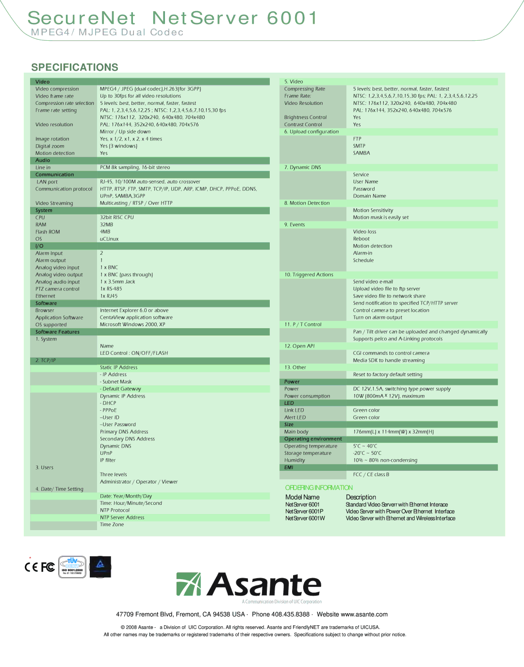 Asante Technologies 6001 manual Cpu, Ram, 4MB, Tcp/Ip, Dhcp, Ftp, Smtp, Samba, Led, Emi 