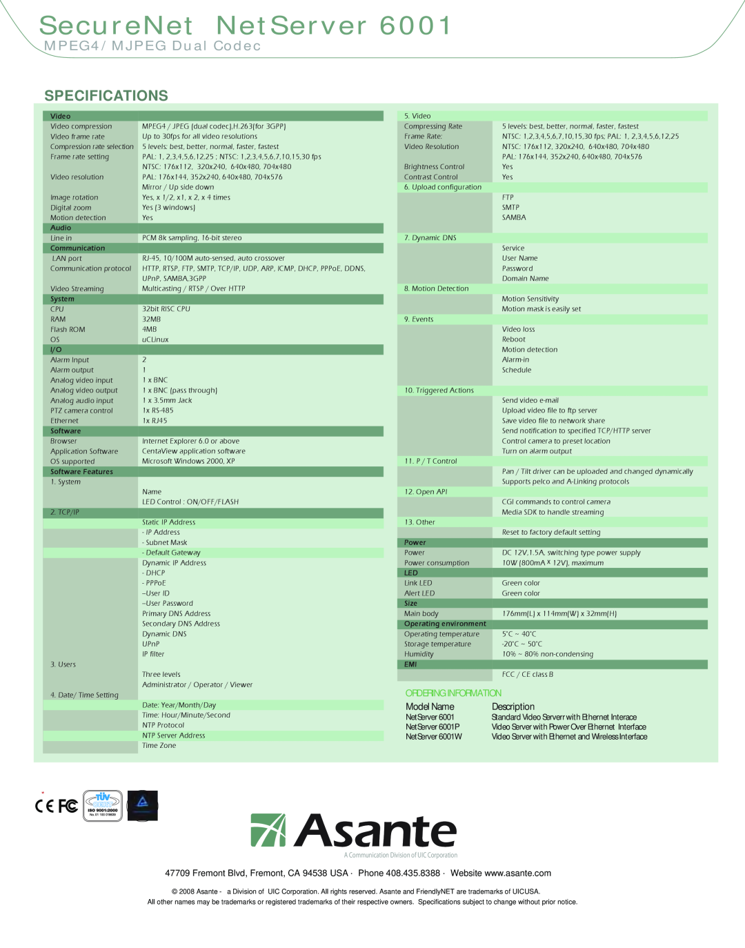 Asante Technologies SecureNet NetServerNetwork6001 Camera, Specifications, MPEG4/MJPEG Dual Codec, Ordering Information 
