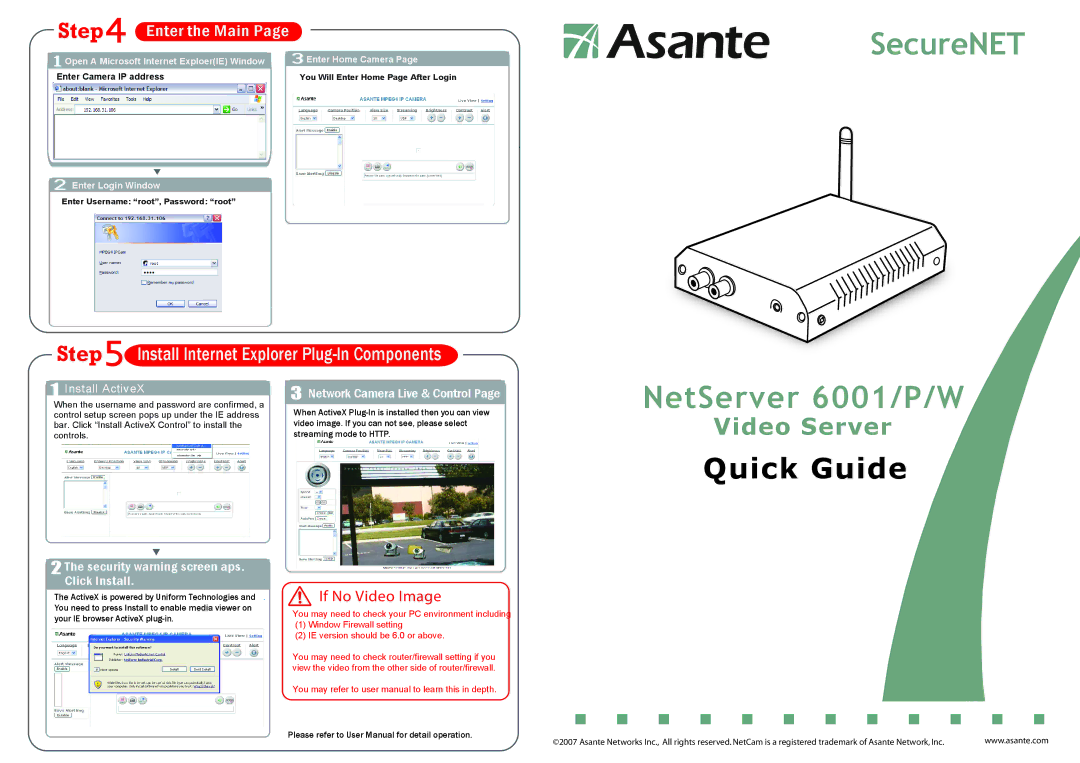 Asante Technologies 6001/P/W user manual Security warning screen aps. Click Install, Network Camera Live & Control 