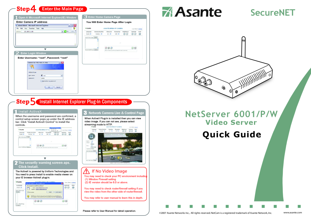 Asante Technologies 6001/P/W user manual Step, If No Video Image, The security warning screen aps. Click Install 