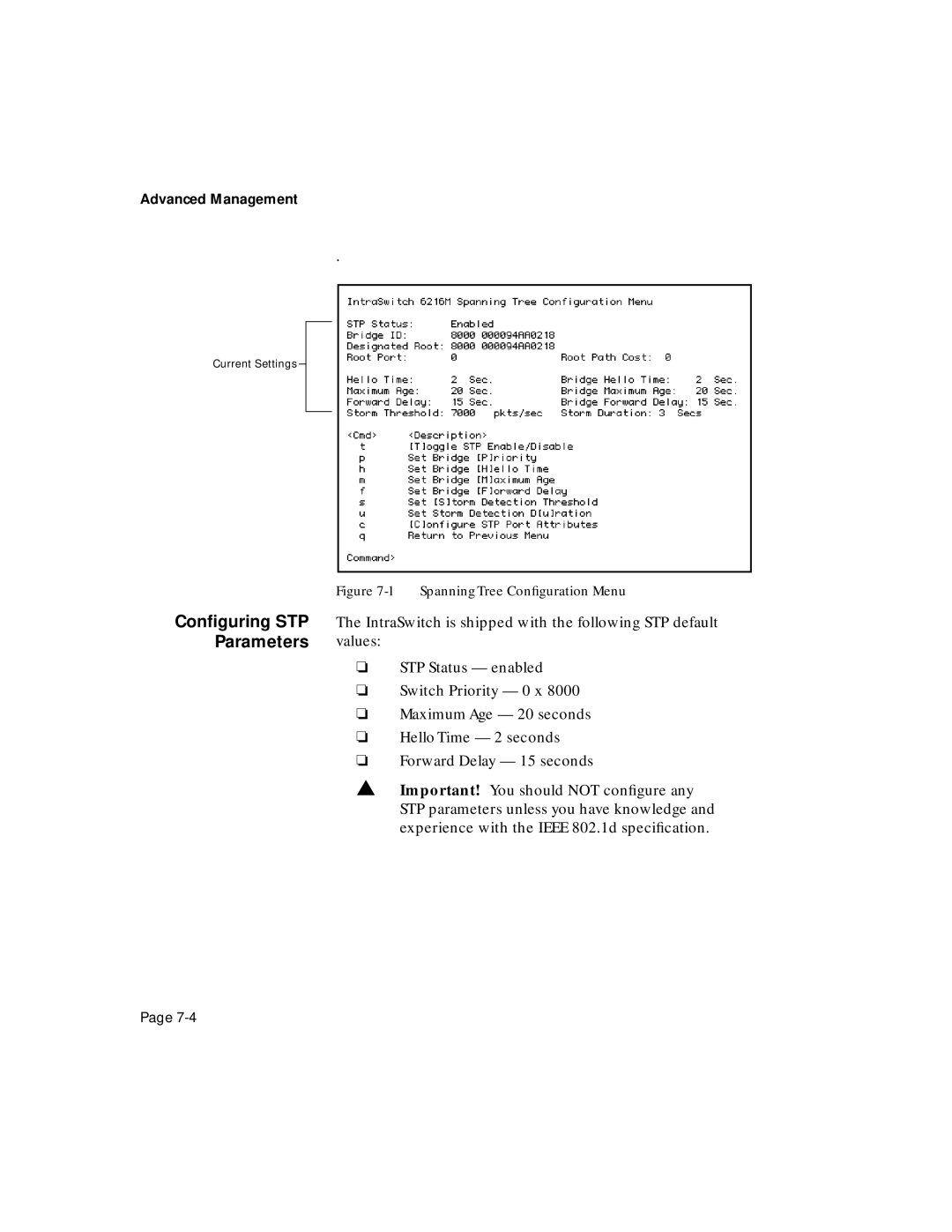 Asante Technologies 6200 manual Conﬁguring STP Parameters 