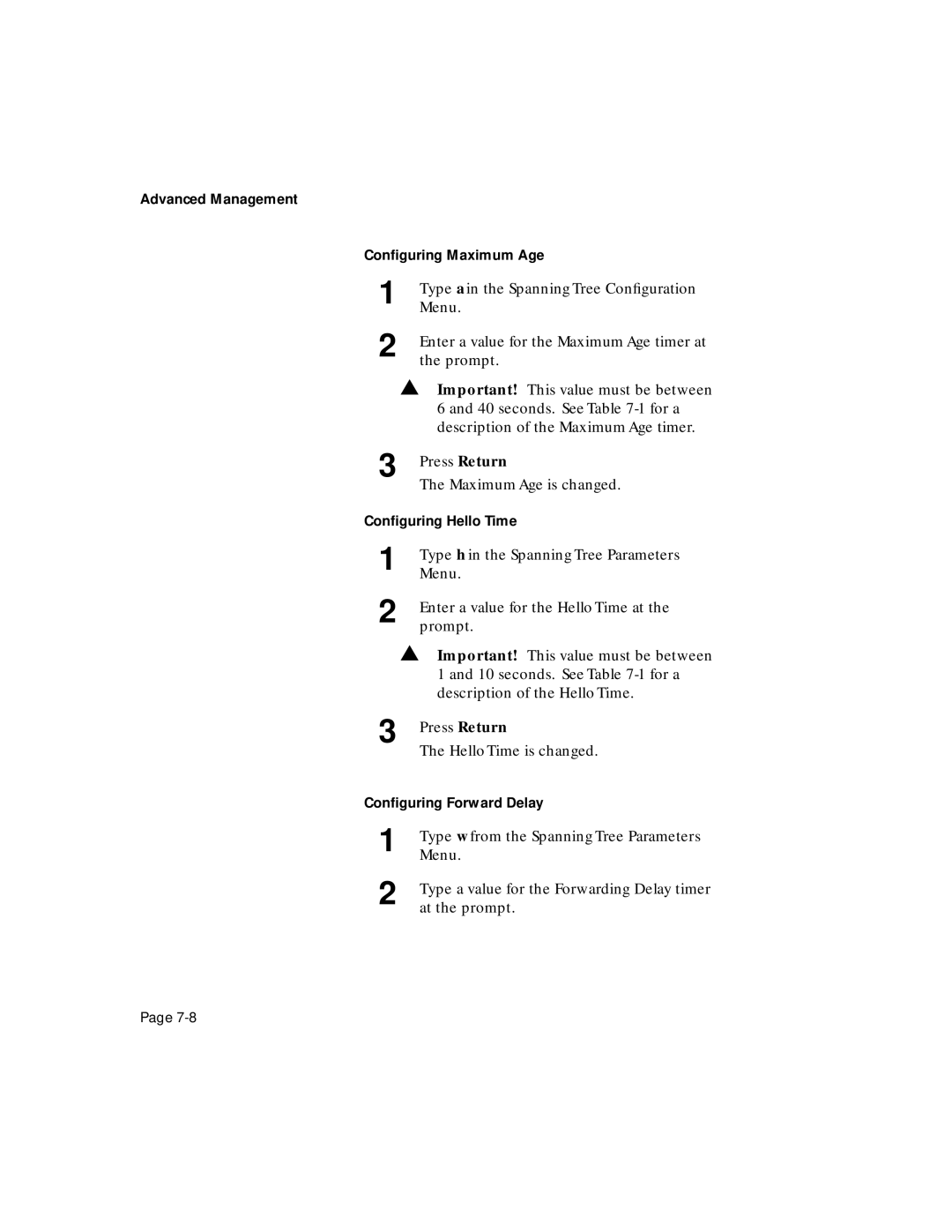 Asante Technologies 6200 manual Type a in the Spanning Tree Conﬁguration 