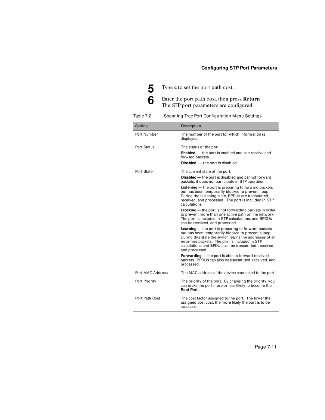 Asante Technologies 6200 manual Spanning Tree Port Conﬁguration Menu Settings, Root Port 