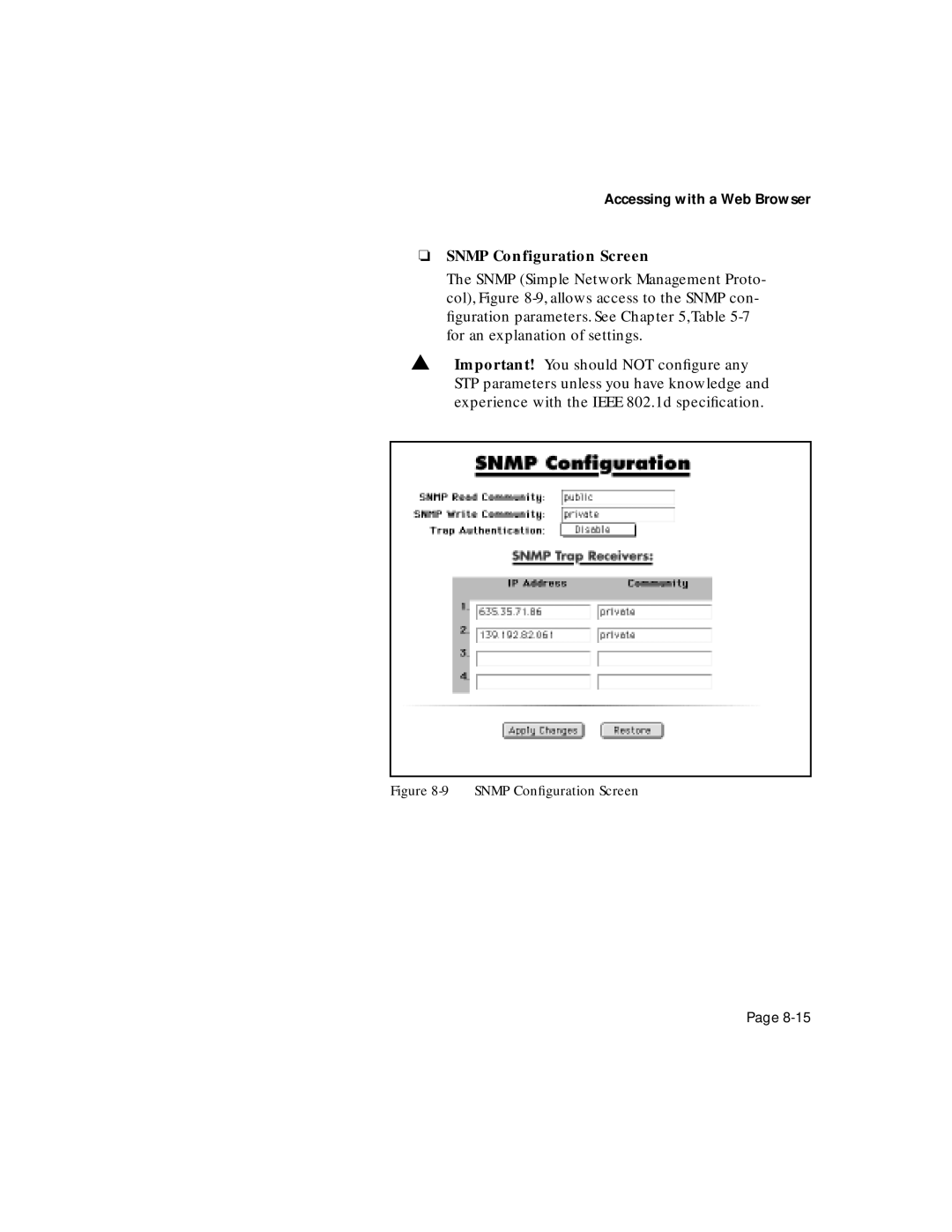 Asante Technologies 6200 manual Snmp Configuration Screen, Snmp Conﬁguration Screen 