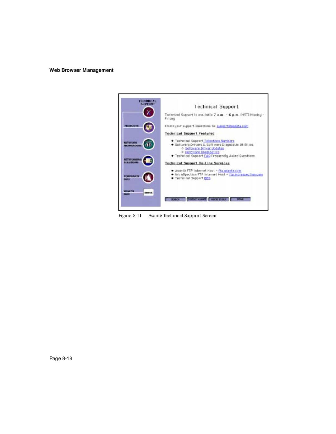 Asante Technologies 6200 manual Asanté Technical Support Screen 