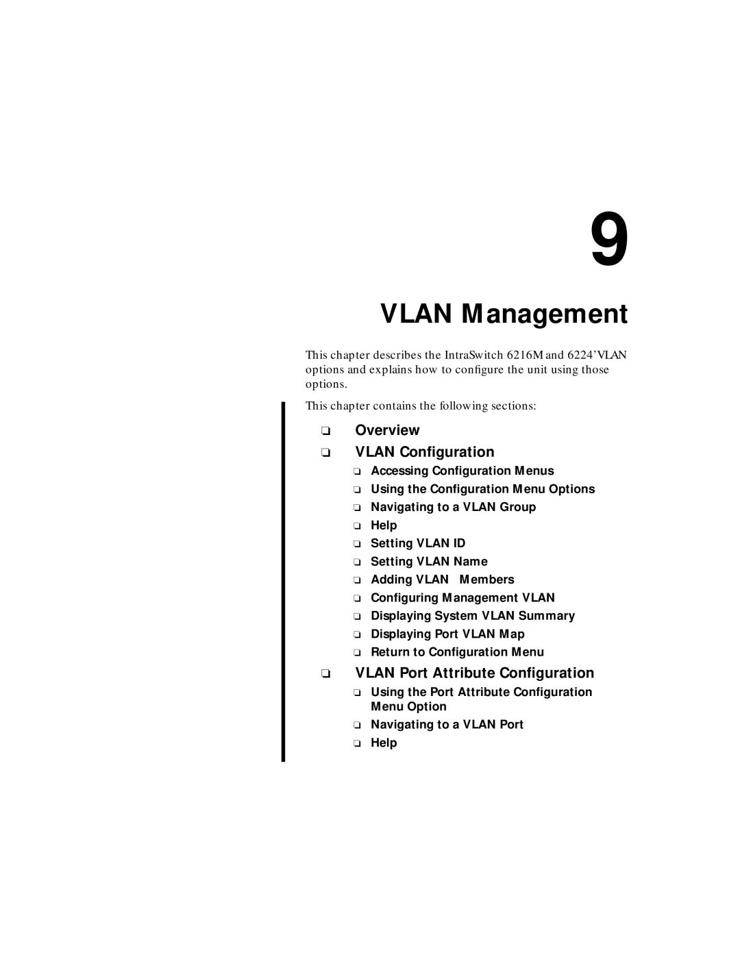 Asante Technologies 6200 manual Overview Vlan Conﬁguration, Vlan Port Attribute Conﬁguration 